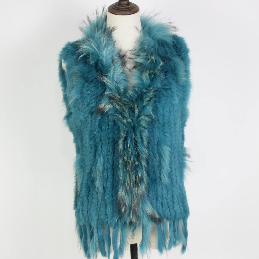 Harppihop Free shipping womens natural real rabbit fur vest with raccoon fur collar waistcoat/jackets rex rabbit knitted winte