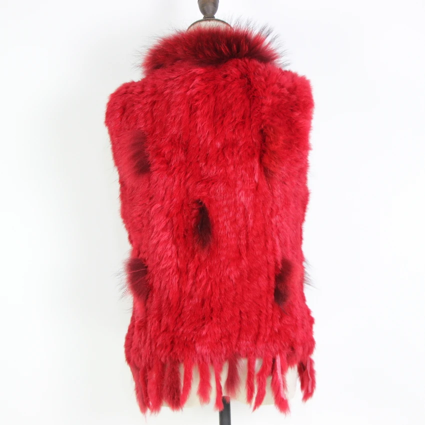 Harppihop Free shipping womens natural real rabbit fur vest with raccoon fur collar waistcoat/jackets rex rabbit knitted winte