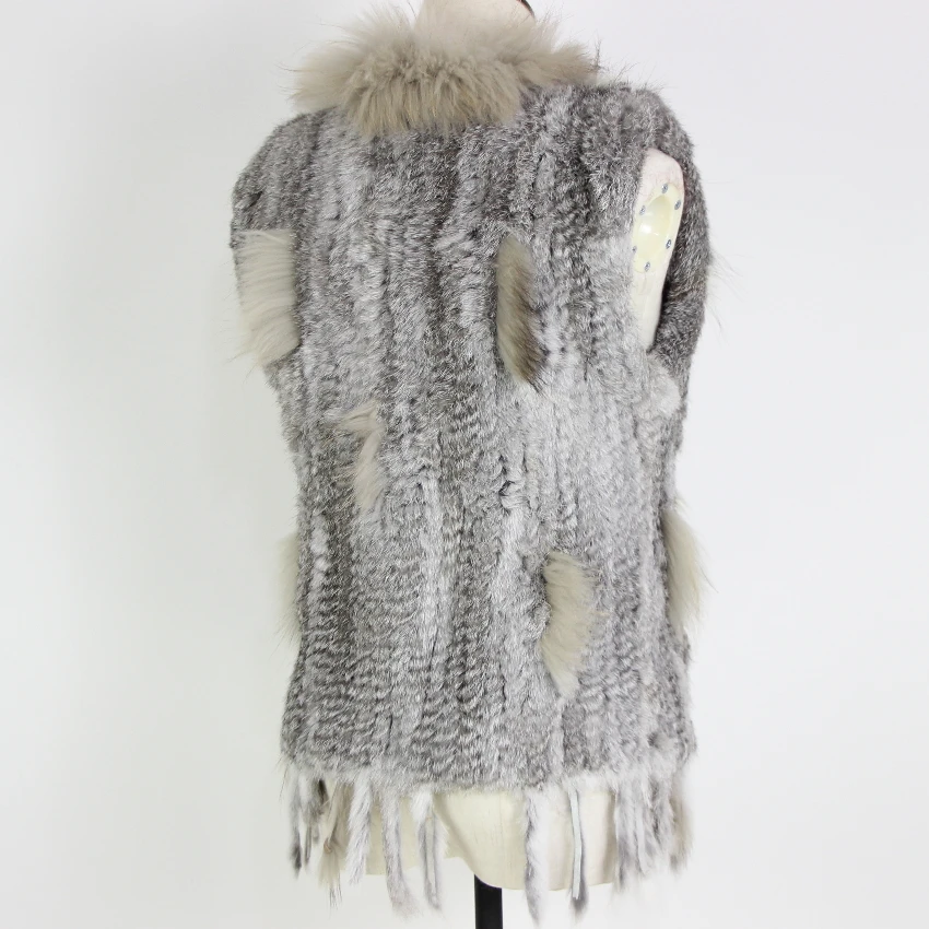 Harppihop Free shipping womens natural real rabbit fur vest with raccoon fur collar waistcoat/jackets rex rabbit knitted winte
