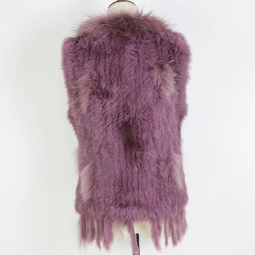 Harppihop Free shipping womens natural real rabbit fur vest with raccoon fur collar waistcoat/jackets rex rabbit knitted winte