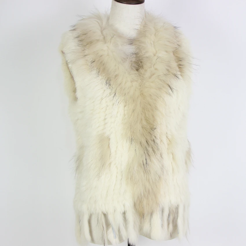 Harppihop Free shipping womens natural real rabbit fur vest with raccoon fur collar waistcoat/jackets rex rabbit knitted winte