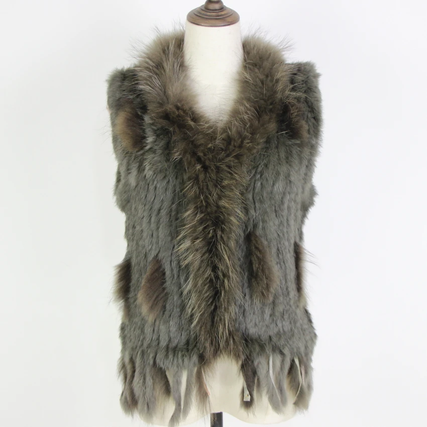 Harppihop Free shipping womens natural real rabbit fur vest with raccoon fur collar waistcoat/jackets rex rabbit knitted winte