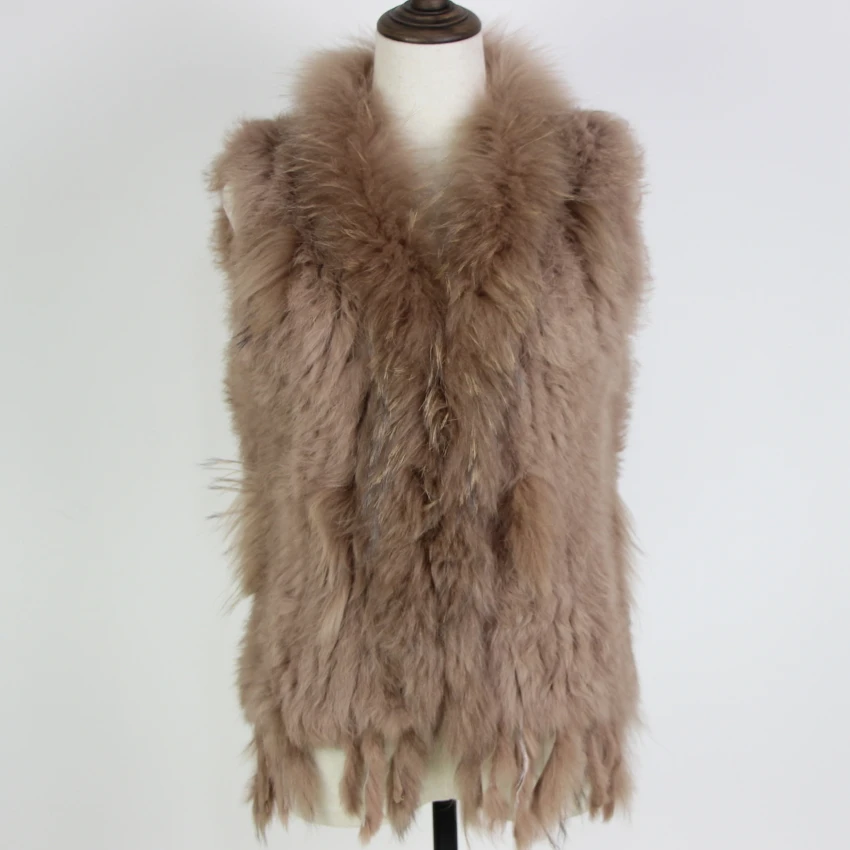 Harppihop Free shipping womens natural real rabbit fur vest with raccoon fur collar waistcoat/jackets rex rabbit knitted winte