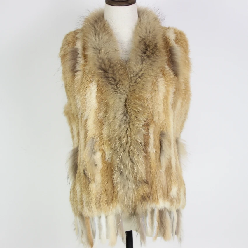 Harppihop Free shipping womens natural real rabbit fur vest with raccoon fur collar waistcoat/jackets rex rabbit knitted winte