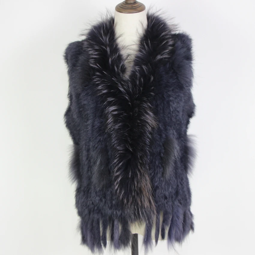 Harppihop Free shipping womens natural real rabbit fur vest with raccoon fur collar waistcoat/jackets rex rabbit knitted winte