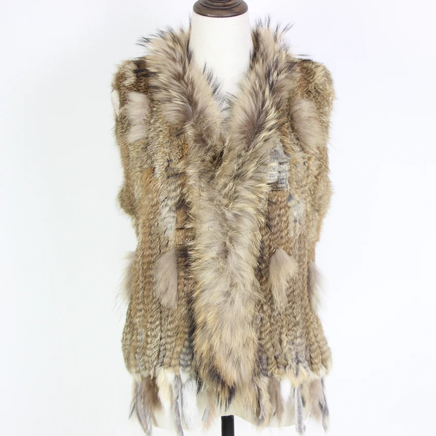 Harppihop Free shipping womens natural real rabbit fur vest with raccoon fur collar waistcoat/jackets rex rabbit knitted winte