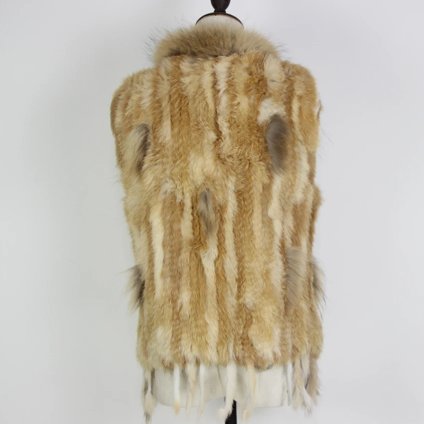 Harppihop Free shipping womens natural real rabbit fur vest with raccoon fur collar waistcoat/jackets rex rabbit knitted winte