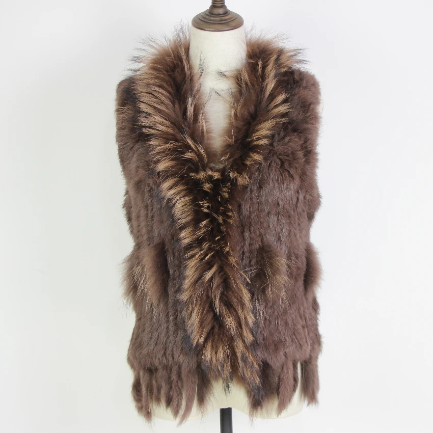Harppihop Free shipping womens natural real rabbit fur vest with raccoon fur collar waistcoat/jackets rex rabbit knitted winte