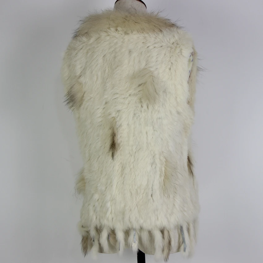 Harppihop Free shipping womens natural real rabbit fur vest with raccoon fur collar waistcoat/jackets rex rabbit knitted winte