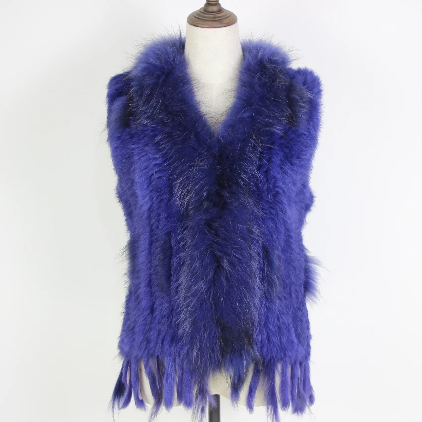 Harppihop Free shipping womens natural real rabbit fur vest with raccoon fur collar waistcoat/jackets rex rabbit knitted winte