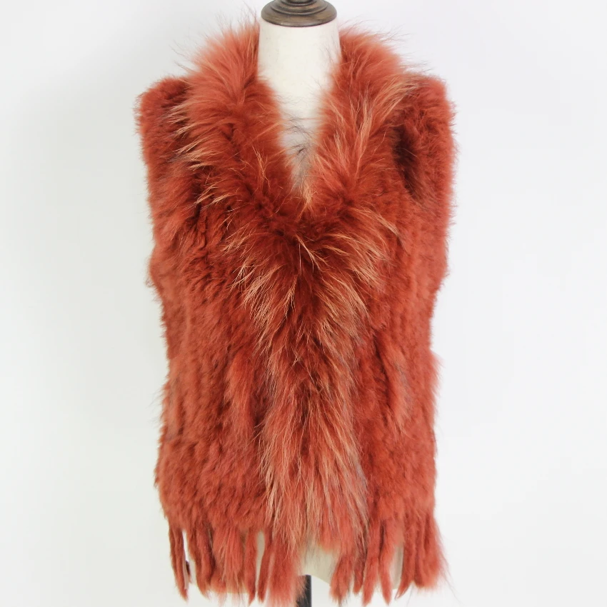 Harppihop Free shipping womens natural real rabbit fur vest with raccoon fur collar waistcoat/jackets rex rabbit knitted winte