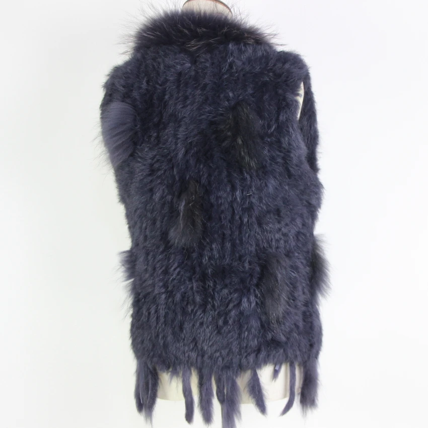 Harppihop Free shipping womens natural real rabbit fur vest with raccoon fur collar waistcoat/jackets rex rabbit knitted winte