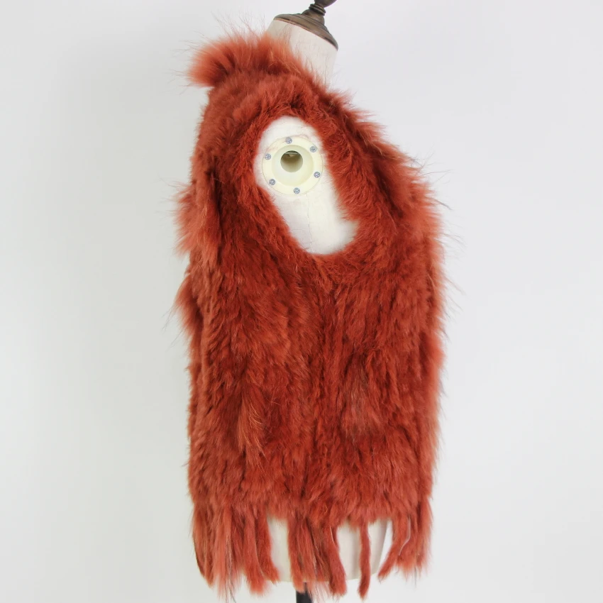 Harppihop Free shipping womens natural real rabbit fur vest with raccoon fur collar waistcoat/jackets rex rabbit knitted winte