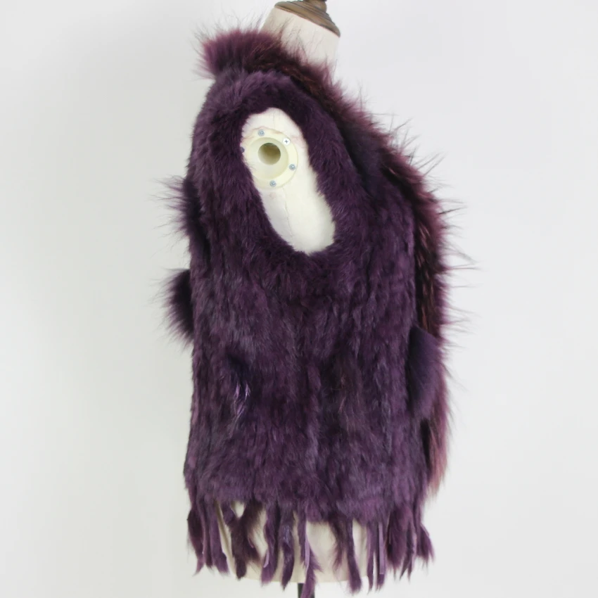 Harppihop Free shipping womens natural real rabbit fur vest with raccoon fur collar waistcoat/jackets rex rabbit knitted winte