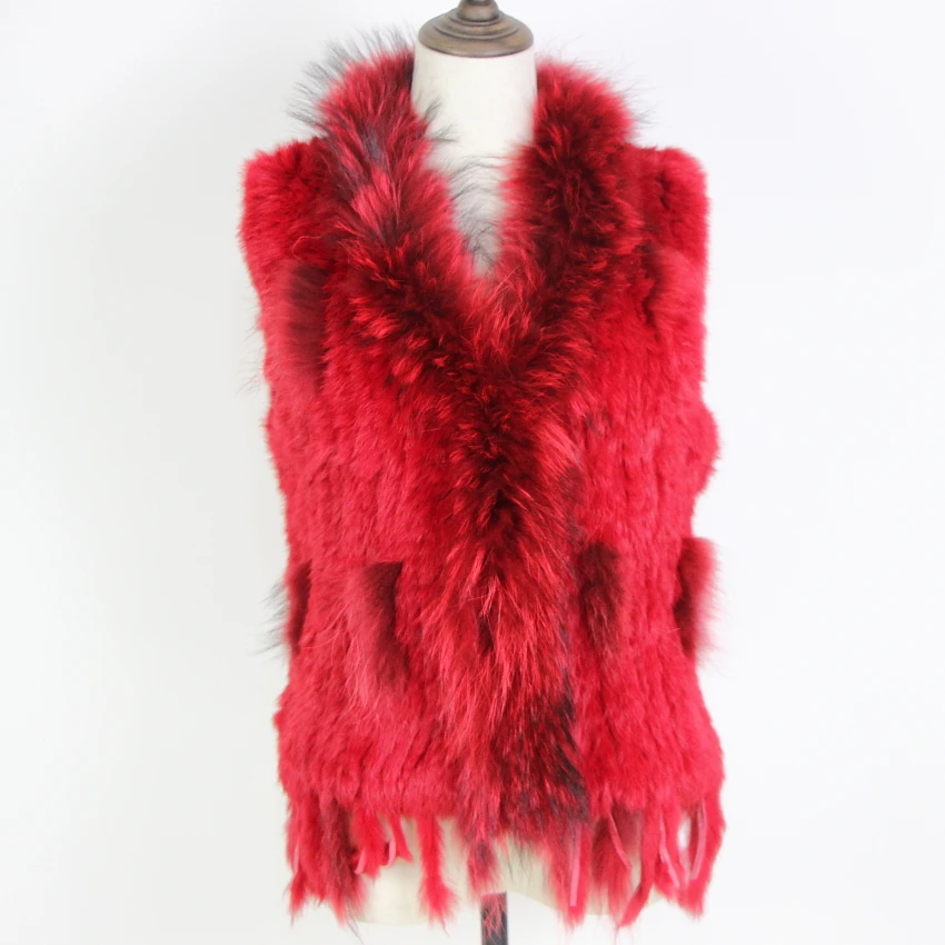 Harppihop Free shipping womens natural real rabbit fur vest with raccoon fur collar waistcoat/jackets rex rabbit knitted winte