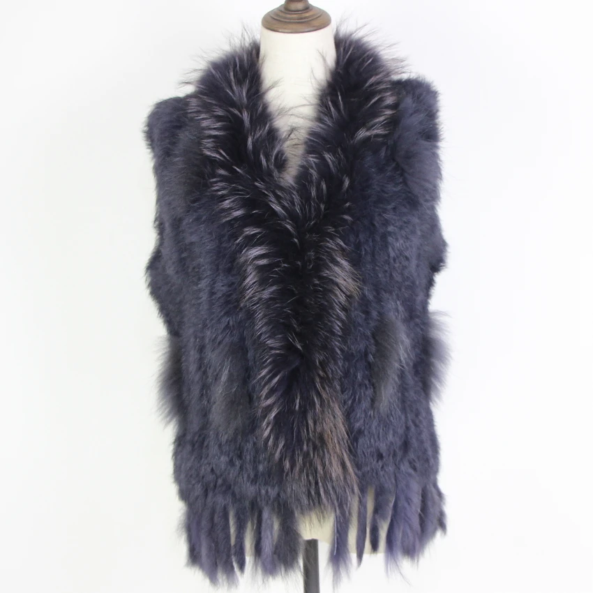 Harppihop Free shipping womens natural real rabbit fur vest with raccoon fur collar waistcoat/jackets rex rabbit knitted winte