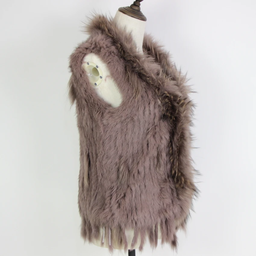 Harppihop Free shipping womens natural real rabbit fur vest with raccoon fur collar waistcoat/jackets rex rabbit knitted winte