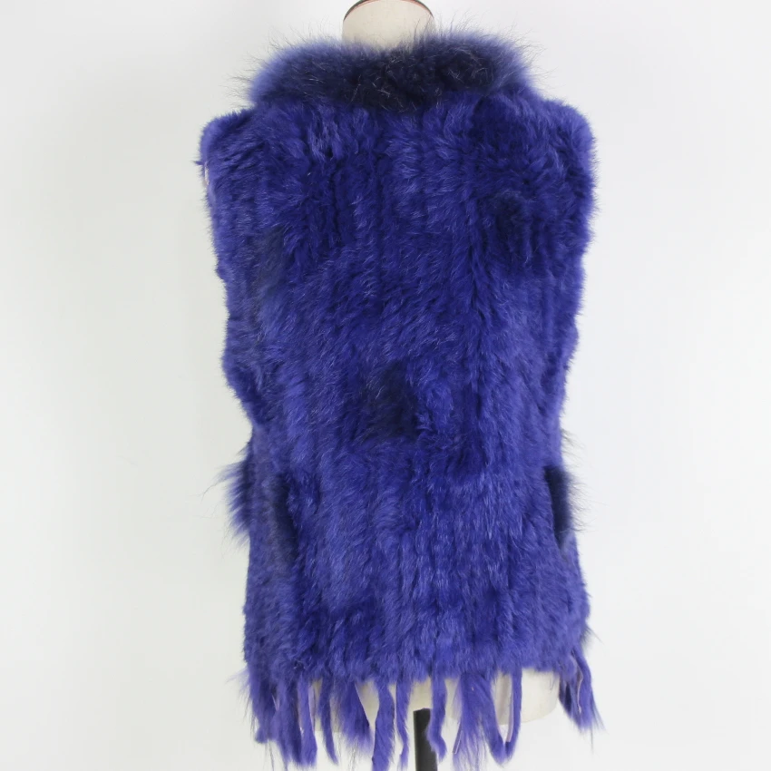 Harppihop Free shipping womens natural real rabbit fur vest with raccoon fur collar waistcoat/jackets rex rabbit knitted winte