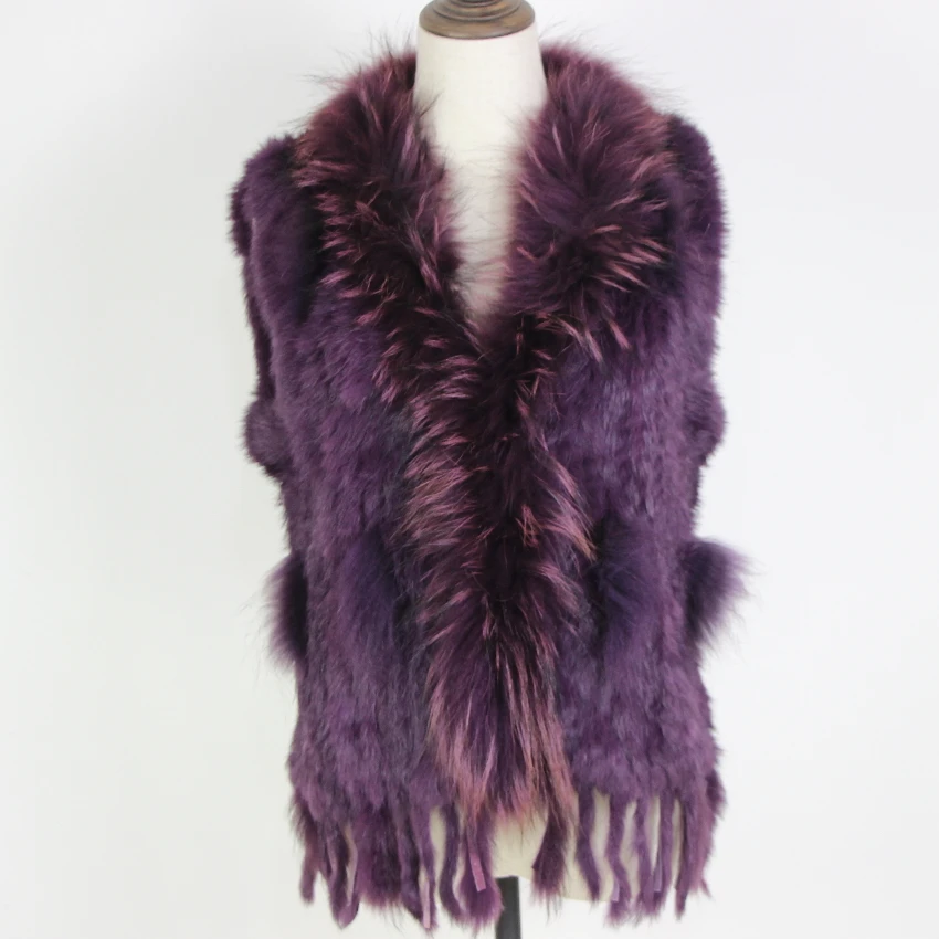 Harppihop Free shipping womens natural real rabbit fur vest with raccoon fur collar waistcoat/jackets rex rabbit knitted winte