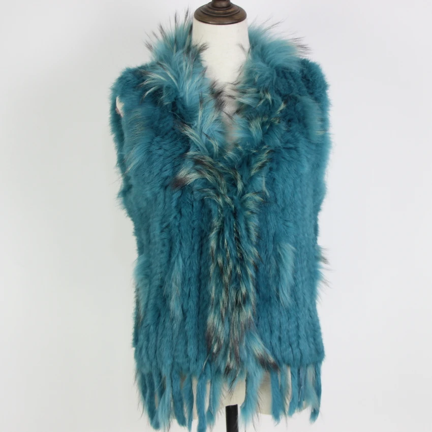 Harppihop Free shipping womens natural real rabbit fur vest with raccoon fur collar waistcoat/jackets rex rabbit knitted winte