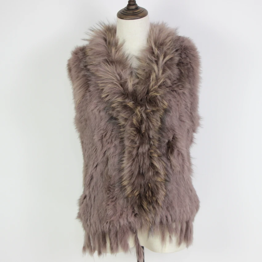 Harppihop Free shipping womens natural real rabbit fur vest with raccoon fur collar waistcoat/jackets rex rabbit knitted winte