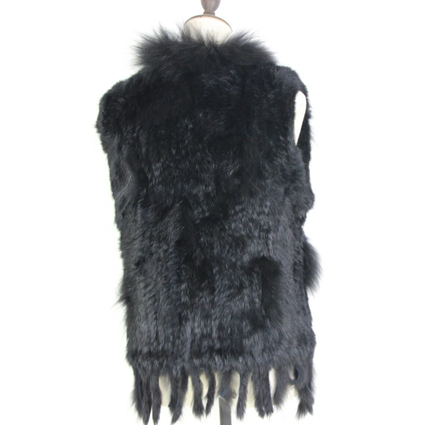 Harppihop Free shipping womens natural real rabbit fur vest with raccoon fur collar waistcoat/jackets rex rabbit knitted winte