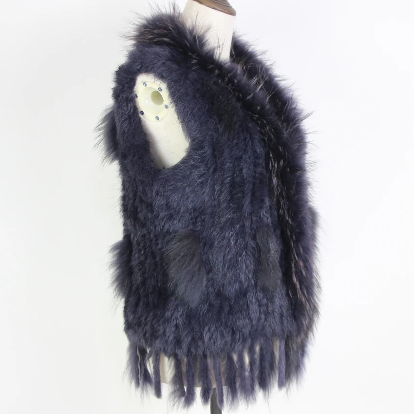 Harppihop Free shipping womens natural real rabbit fur vest with raccoon fur collar waistcoat/jackets rex rabbit knitted winte