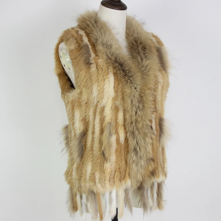 Harppihop Free shipping womens natural real rabbit fur vest with raccoon fur collar waistcoat/jackets rex rabbit knitted winte