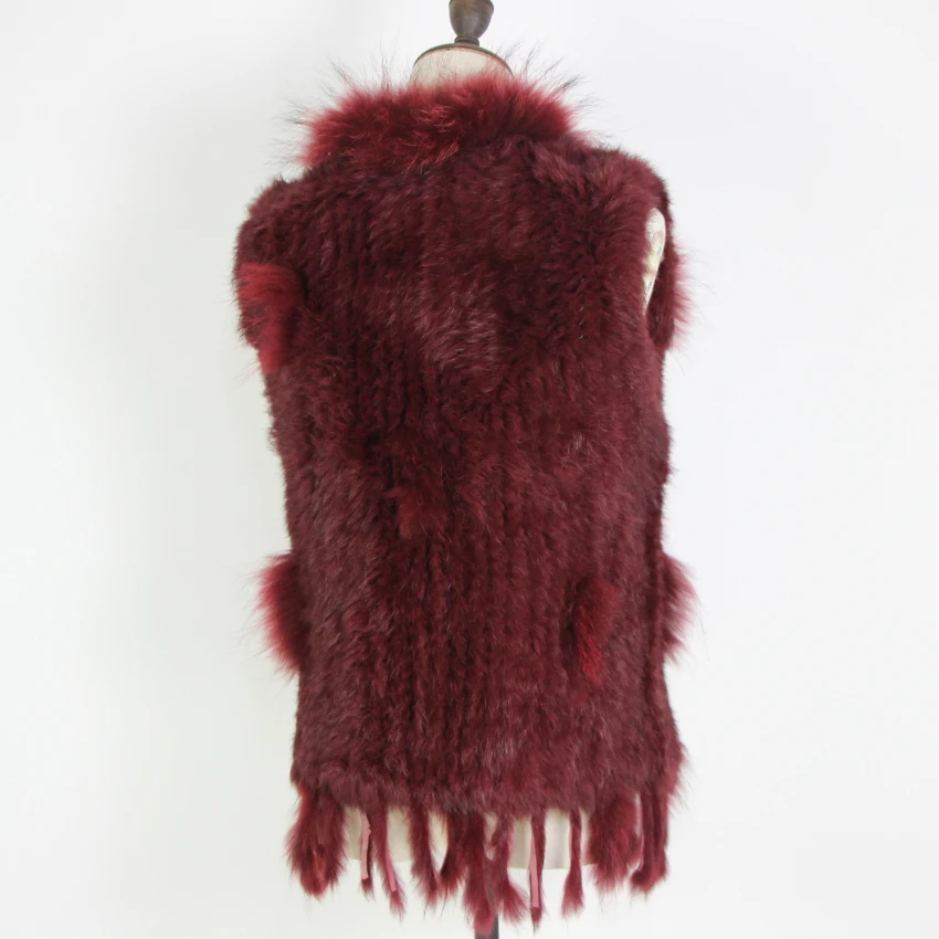 Harppihop Free shipping womens natural real rabbit fur vest with raccoon fur collar waistcoat/jackets rex rabbit knitted winte