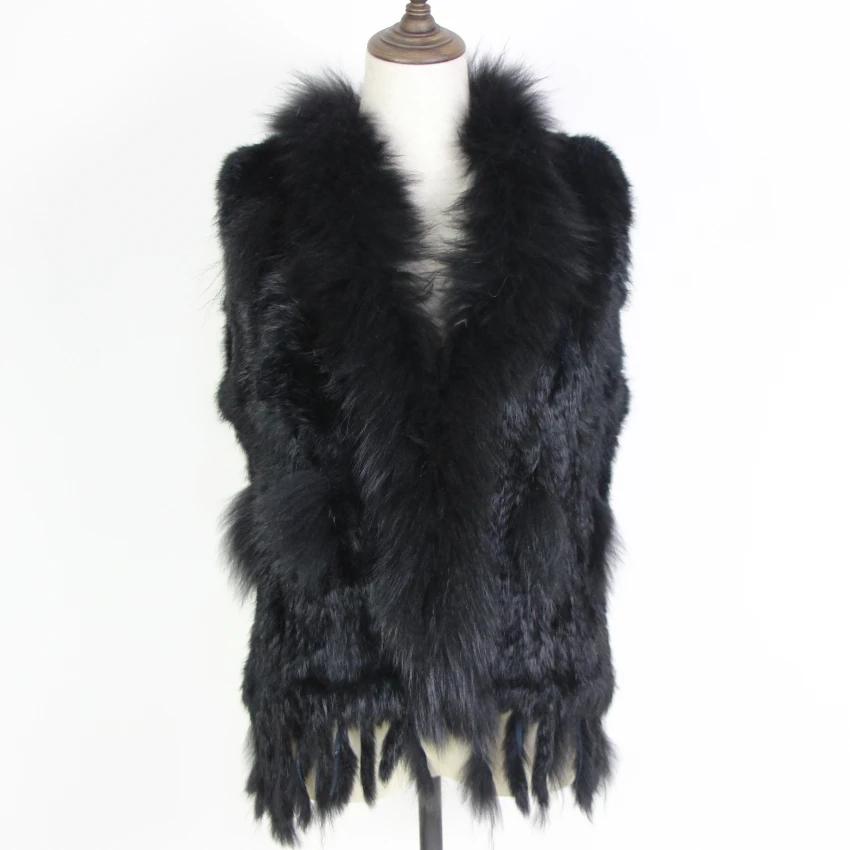 Harppihop Free shipping womens natural real rabbit fur vest with raccoon fur collar waistcoat/jackets rex rabbit knitted winte