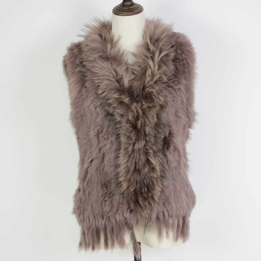 Harppihop Free shipping womens natural real rabbit fur vest with raccoon fur collar waistcoat/jackets rex rabbit knitted winte