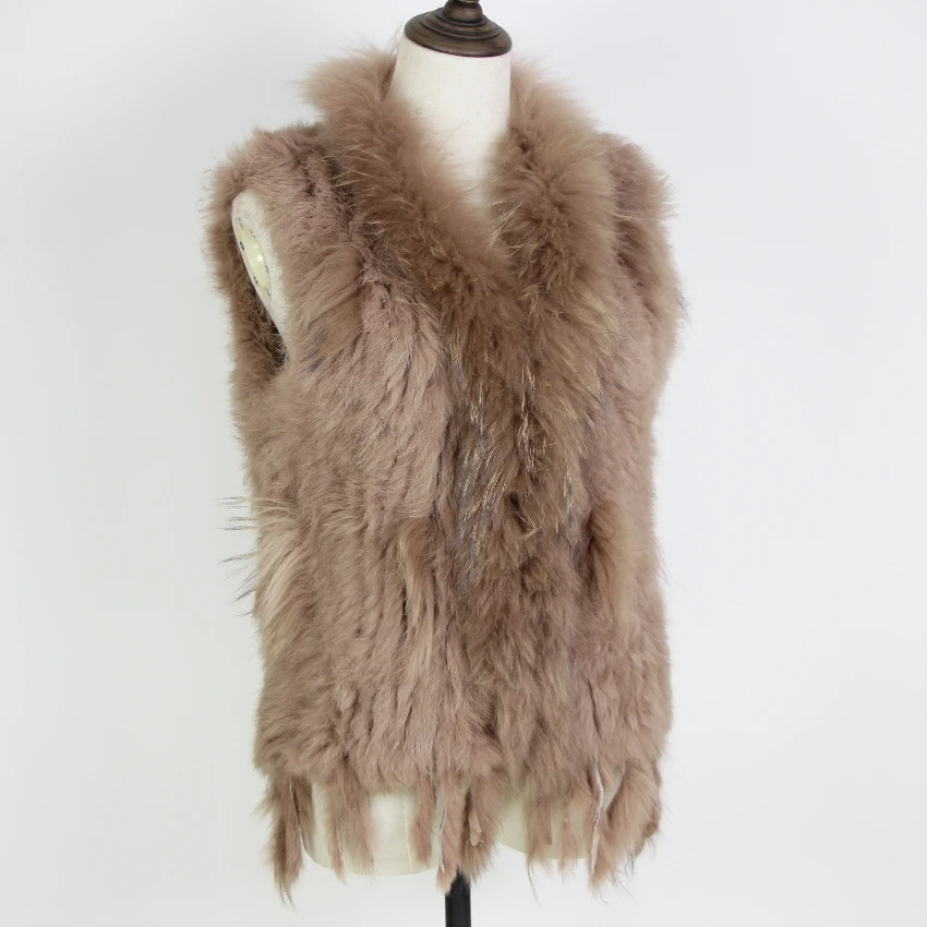 Harppihop Free shipping womens natural real rabbit fur vest with raccoon fur collar waistcoat/jackets rex rabbit knitted winte