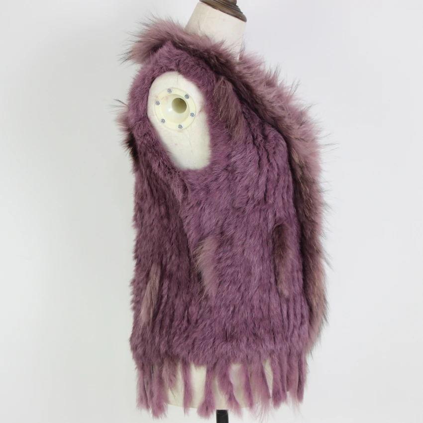 Harppihop Free shipping womens natural real rabbit fur vest with raccoon fur collar waistcoat/jackets rex rabbit knitted winte
