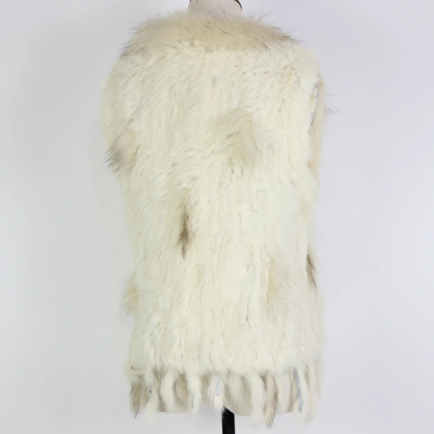 Harppihop Free shipping womens natural real rabbit fur vest with raccoon fur collar waistcoat/jackets rex rabbit knitted winte