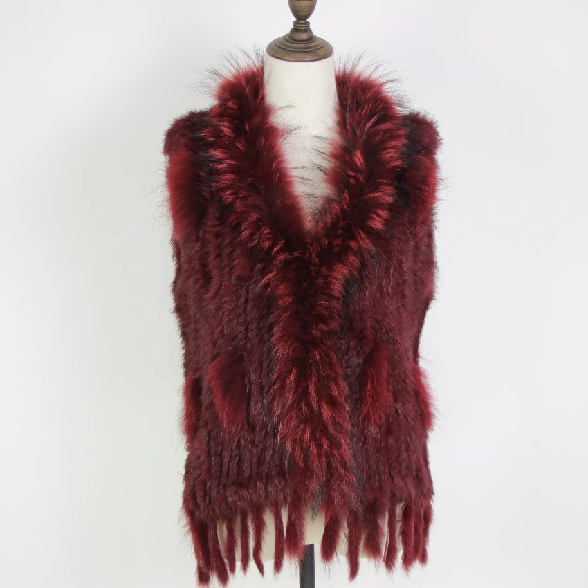 Harppihop Free shipping womens natural real rabbit fur vest with raccoon fur collar waistcoat/jackets rex rabbit knitted winte