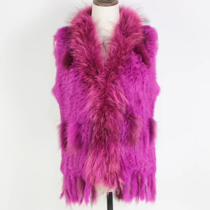 Harppihop Free shipping womens natural real rabbit fur vest with raccoon fur collar waistcoat/jackets rex rabbit knitted winte