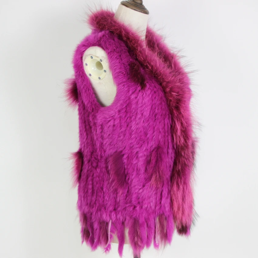 Harppihop Free shipping womens natural real rabbit fur vest with raccoon fur collar waistcoat/jackets rex rabbit knitted winte