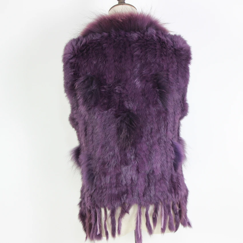 Harppihop Free shipping womens natural real rabbit fur vest with raccoon fur collar waistcoat/jackets rex rabbit knitted winte