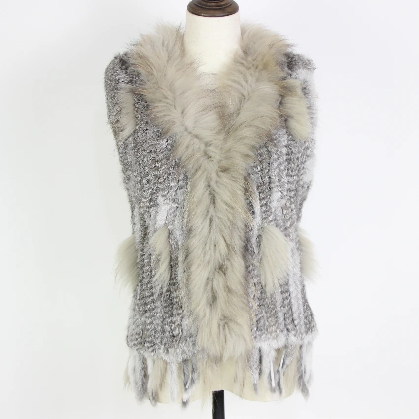 Harppihop Free shipping womens natural real rabbit fur vest with raccoon fur collar waistcoat/jackets rex rabbit knitted winte