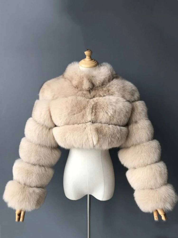 DEAT Fashion Women's Faux Fur Coat Stand Neck Long Sleeve Zipper Short Solid Color Thick Warm Jackets Winter 2024 New 7AB6434