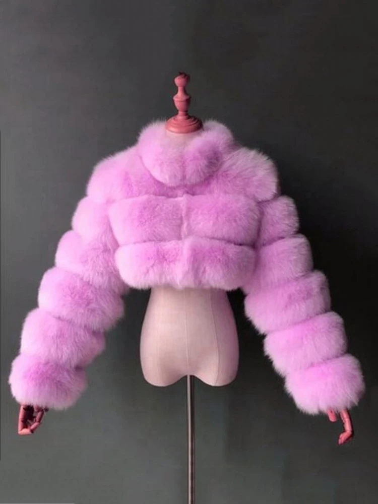 DEAT Fashion Women's Faux Fur Coat Stand Neck Long Sleeve Zipper Short Solid Color Thick Warm Jackets Winter 2024 New 7AB6434