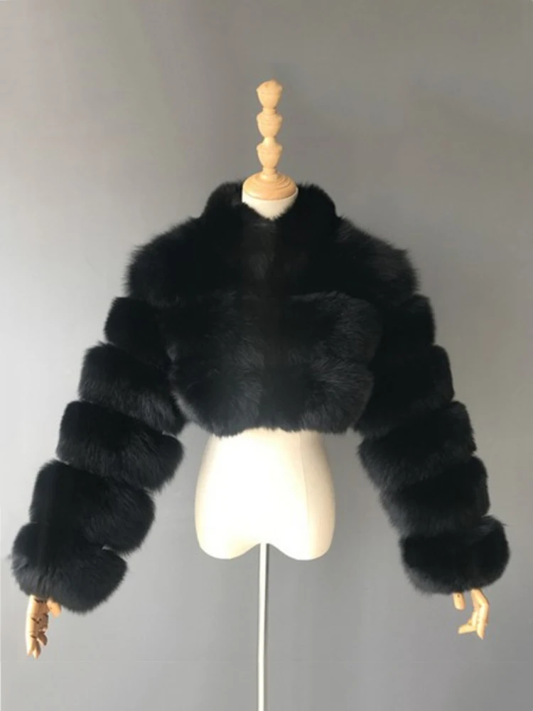 DEAT Fashion Women's Faux Fur Coat Stand Neck Long Sleeve Zipper Short Solid Color Thick Warm Jackets Winter 2024 New 7AB6434