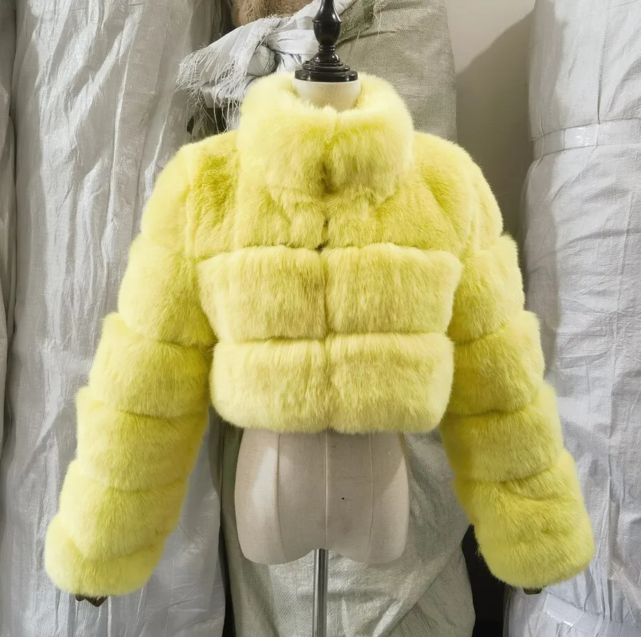 DEAT Fashion Women's Faux Fur Coat Stand Neck Long Sleeve Zipper Short Solid Color Thick Warm Jackets Winter 2024 New 7AB6434