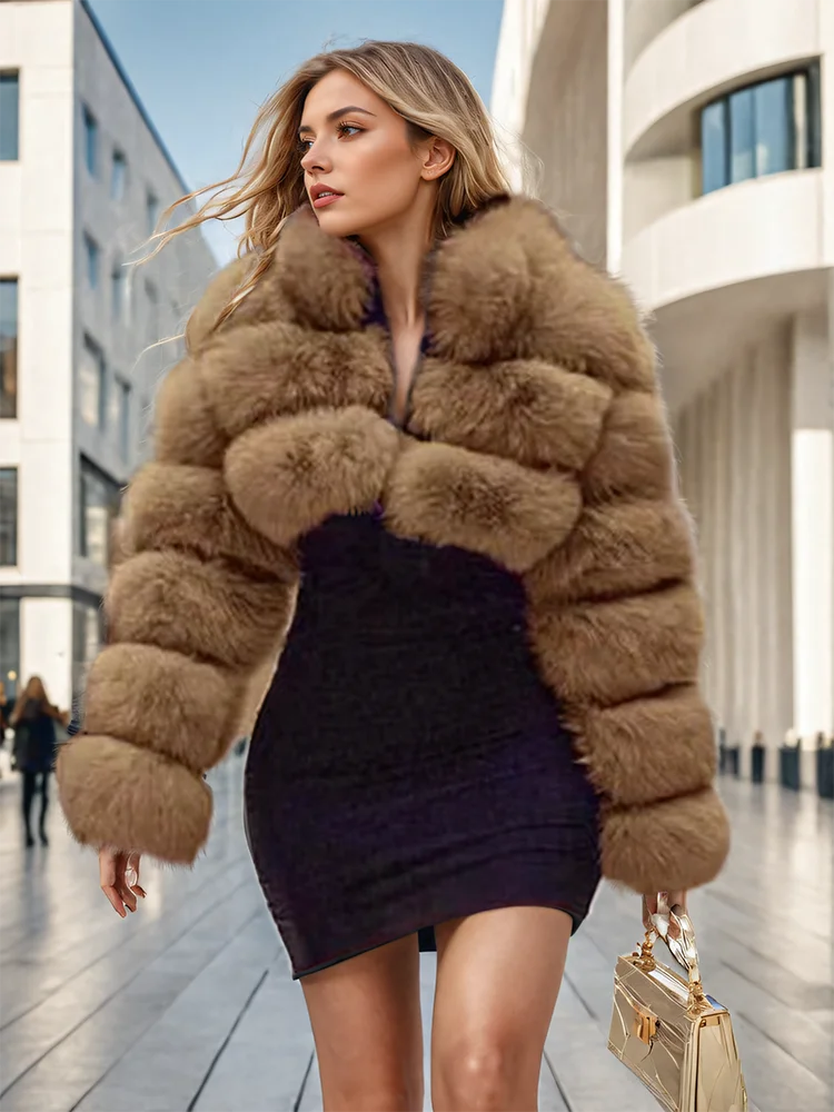DEAT Fashion Women's Faux Fur Coat Stand Neck Long Sleeve Zipper Short Solid Color Thick Warm Jackets Winter 2024 New 7AB6434