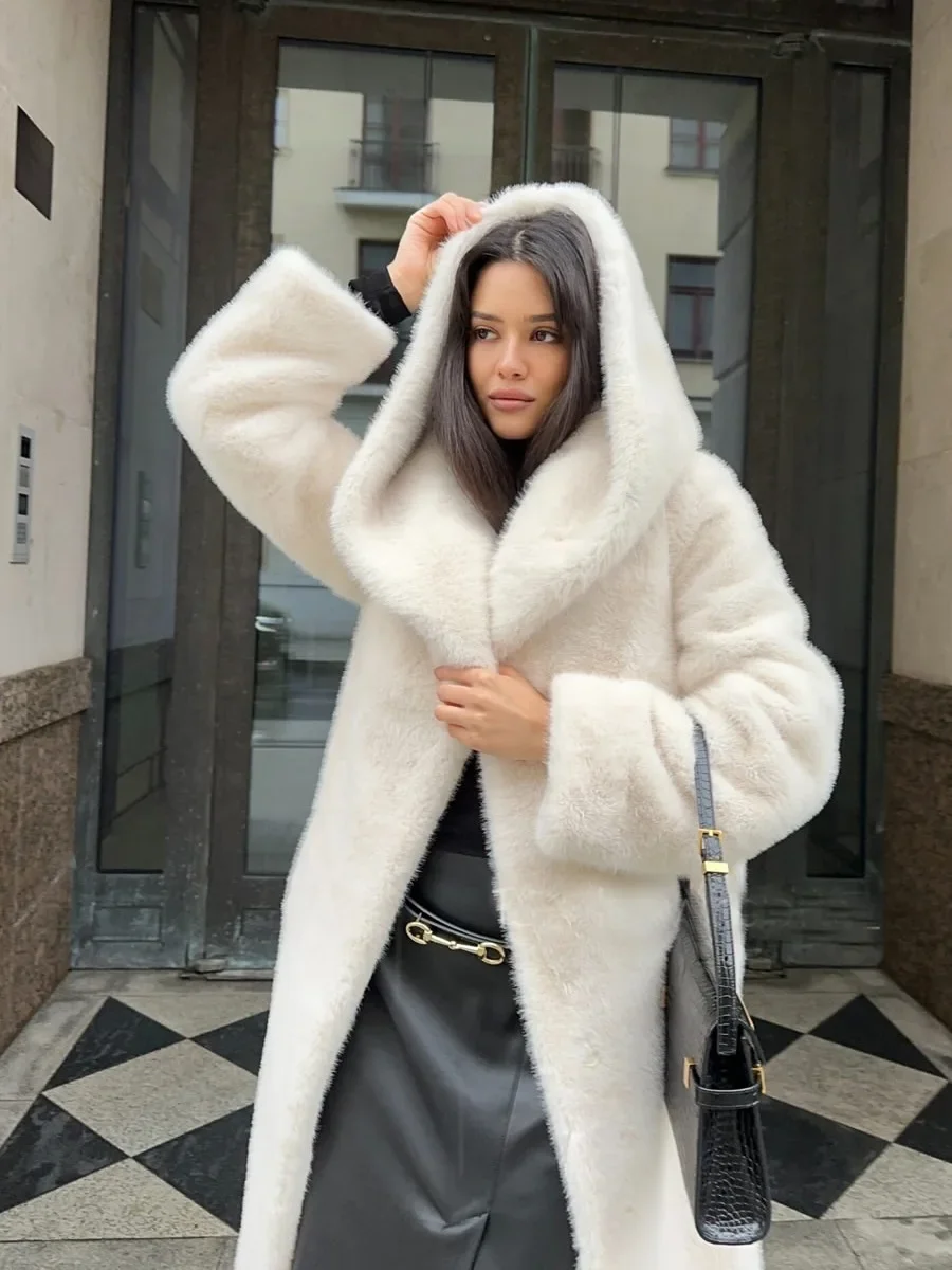 Women's Long Faux Mink Fur Coat Hooded Belted Artificial Fur Plush Thick Outerwear Warm and Stylish Oversize Lapel Jackets