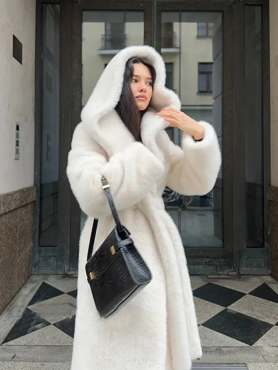 Women's Long Faux Mink Fur Coat Hooded Belted Artificial Fur Plush Thick Outerwear Warm and Stylish Oversize Lapel Jackets