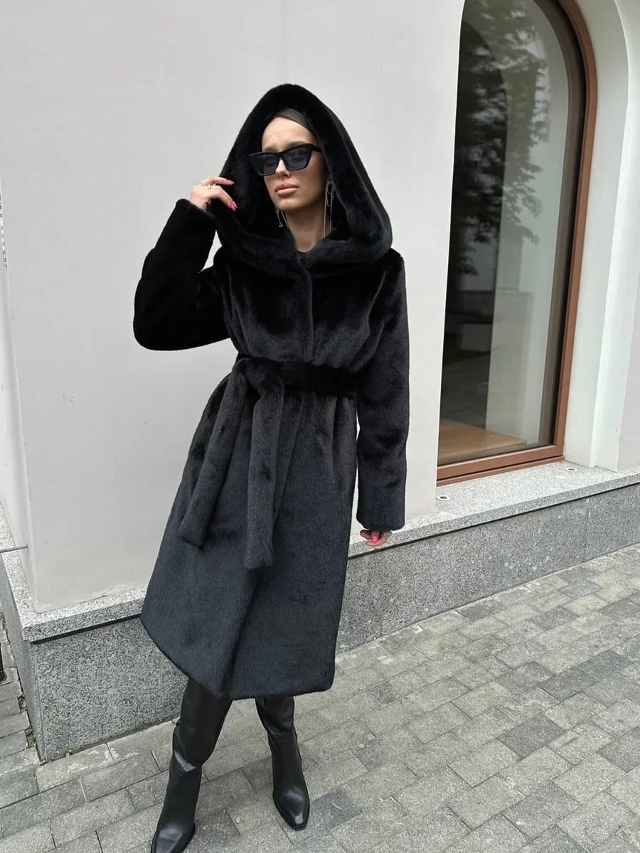 Women's Long Faux Mink Fur Coat Hooded Belted Artificial Fur Plush Thick Outerwear Warm and Stylish Oversize Lapel Jackets