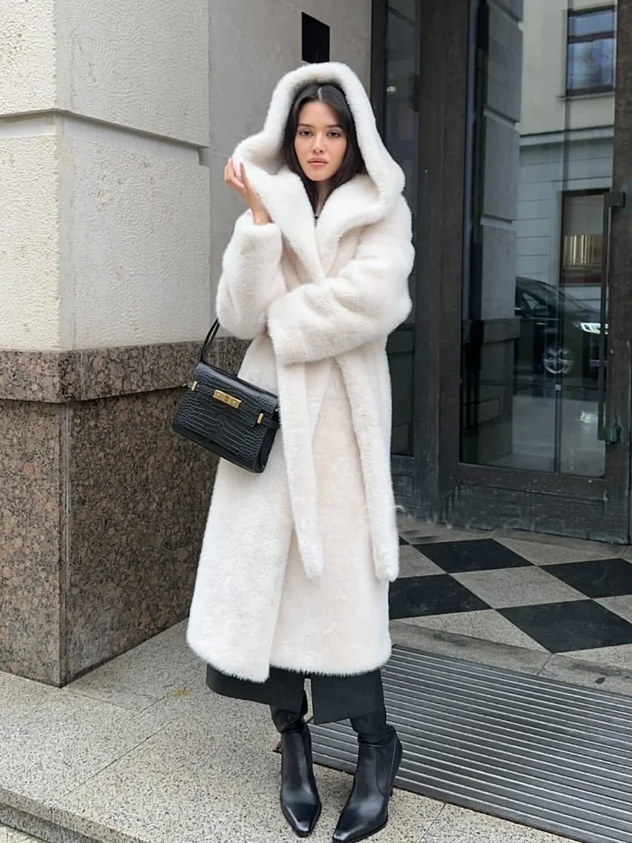 Women's Long Faux Mink Fur Coat Hooded Belted Artificial Fur Plush Thick Outerwear Warm and Stylish Oversize Lapel Jackets