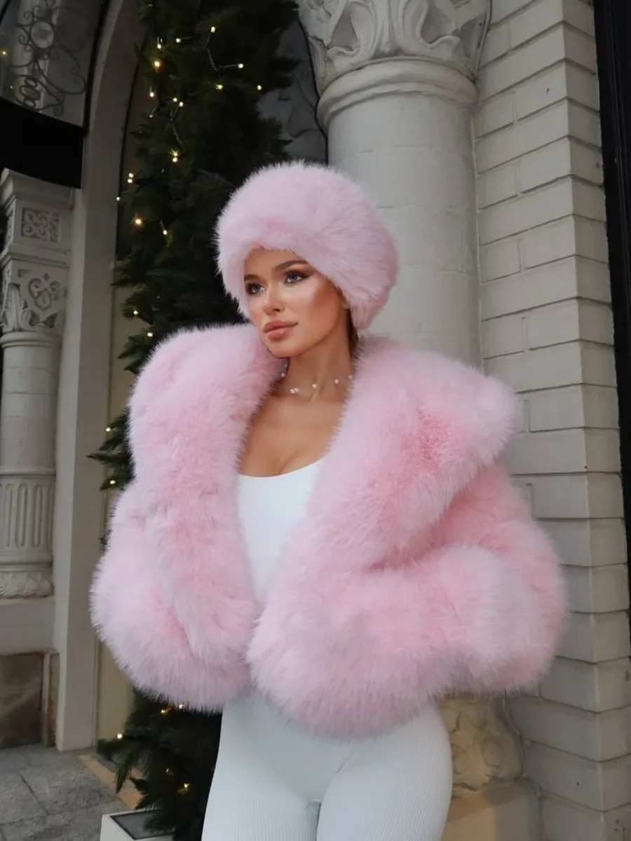 Y2k Winter Pink Imitation Fur Coat Elegant Big Fur Trim Hood Women's Jacket Warm Plush Cropped Sweet Lady Faux Fur Coat  2026