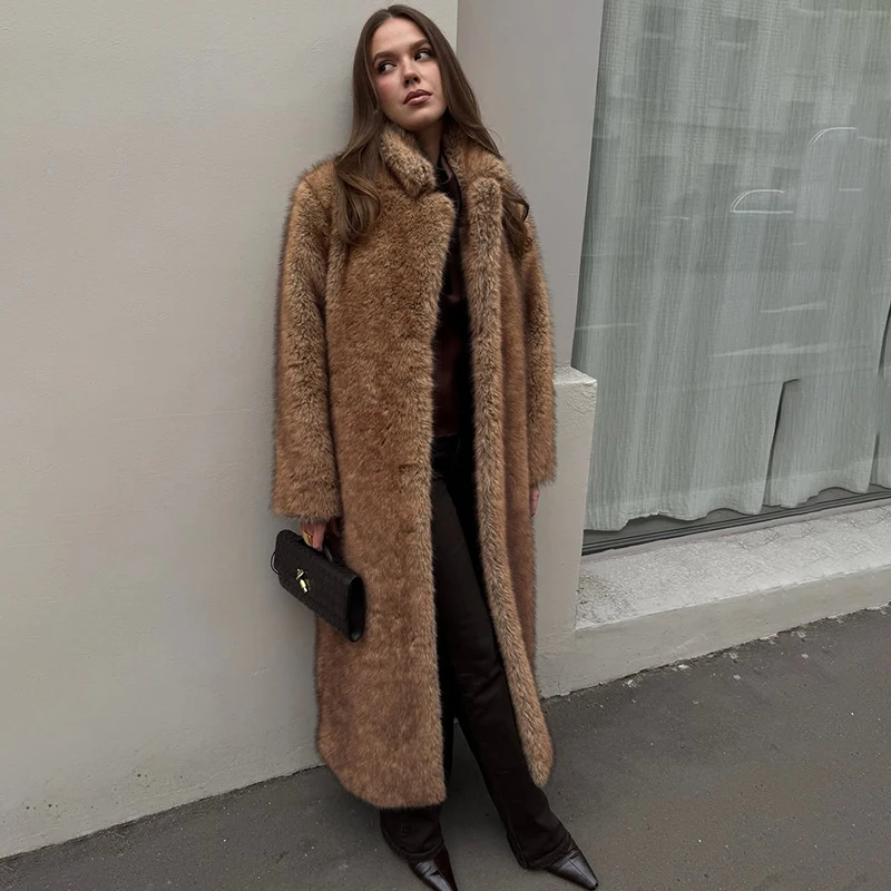 Tornova Autumn Winter Women Long Imitation Fur Coat Vintage High Quality Furry Overcoat Lapel Pocket 2025 Fashion Female Jacket